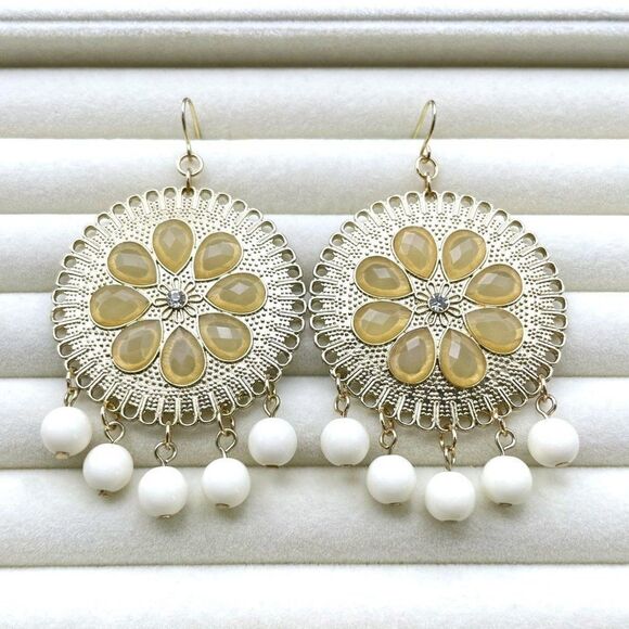 Yellow Gold with Champagne Crystal and White Beaded Medallion Hook Earrings - Picture 4 of 10